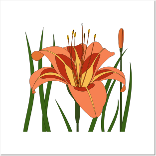 Orange lily with green leaves Posters and Art